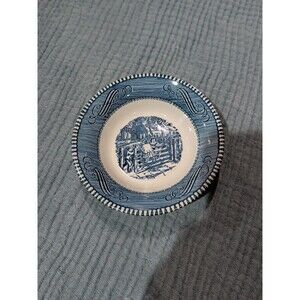 Currier & Ives Blue and White Children At The Old Farm Gate Berry Bowl 5.5" Diam